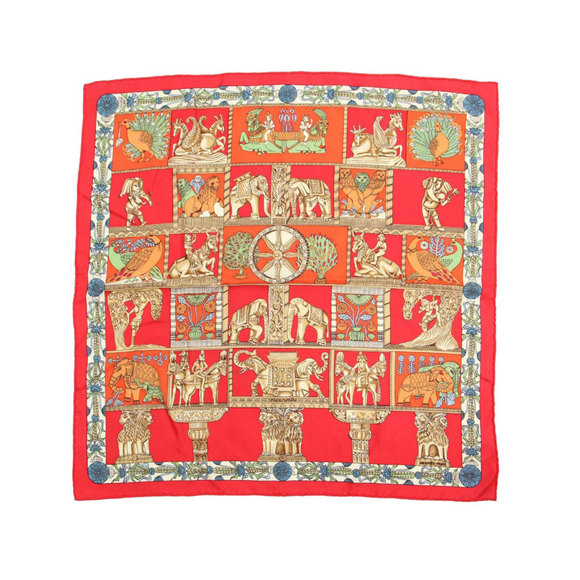 HERMES Hermes Carre 45 TORANA Silk Print Scarf Muffler Red Women's - Picture 1 of 6